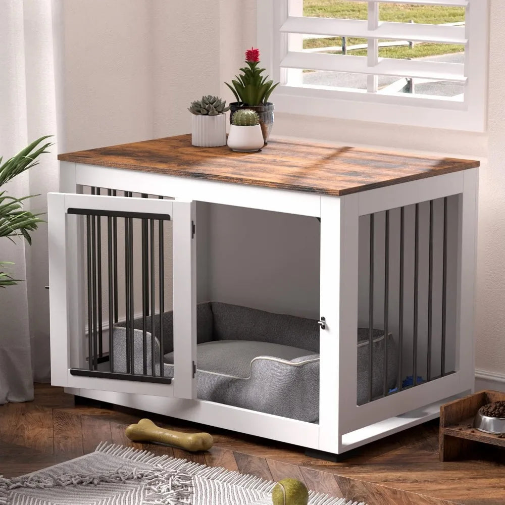 Dog Crate Furniture for Large Dogs Up to 60 lbs. - Decorative Puppy Kennel w/Wide Farmhouse Table Top & Steel Bars - 37'' Wide