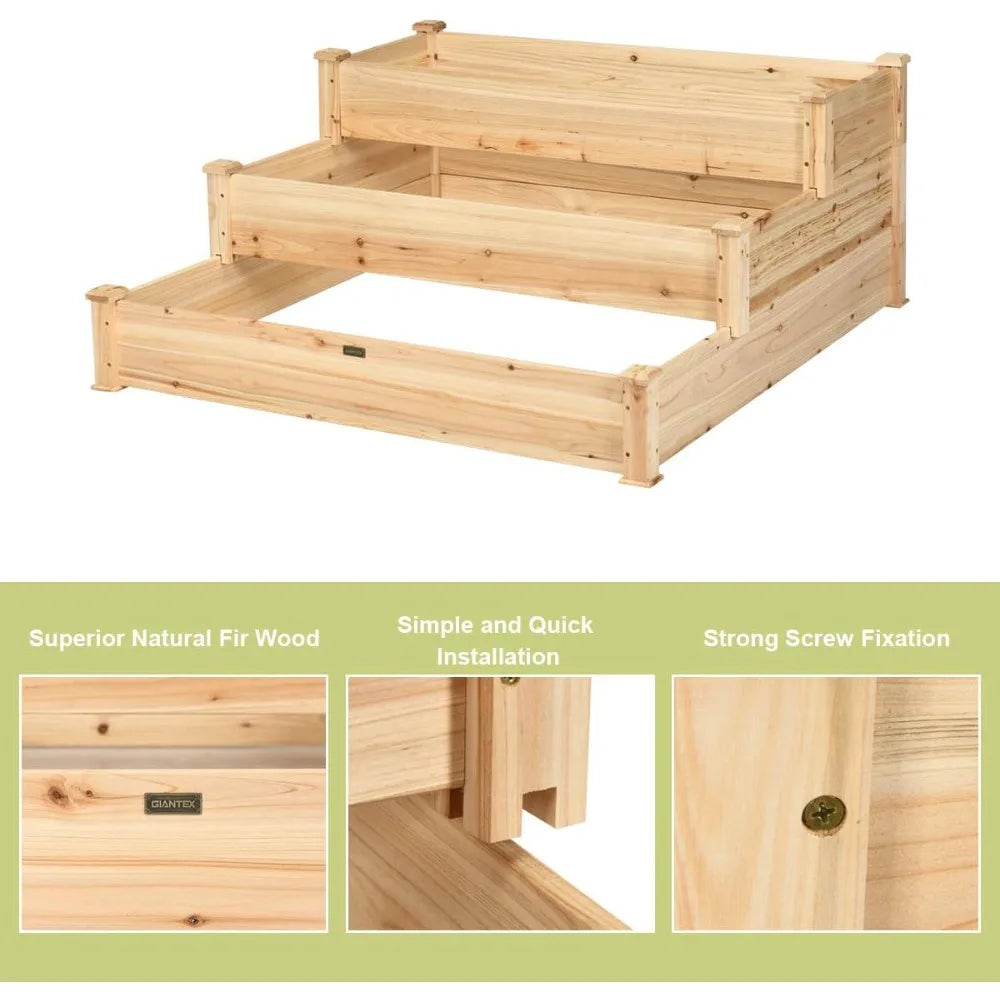 Giantex 3 Tier Raised Garden Bed, Outdoor Planter Box Vegetable Flowers Growing Box, Elevated Raised Bed Kit, Wood Planting Cont