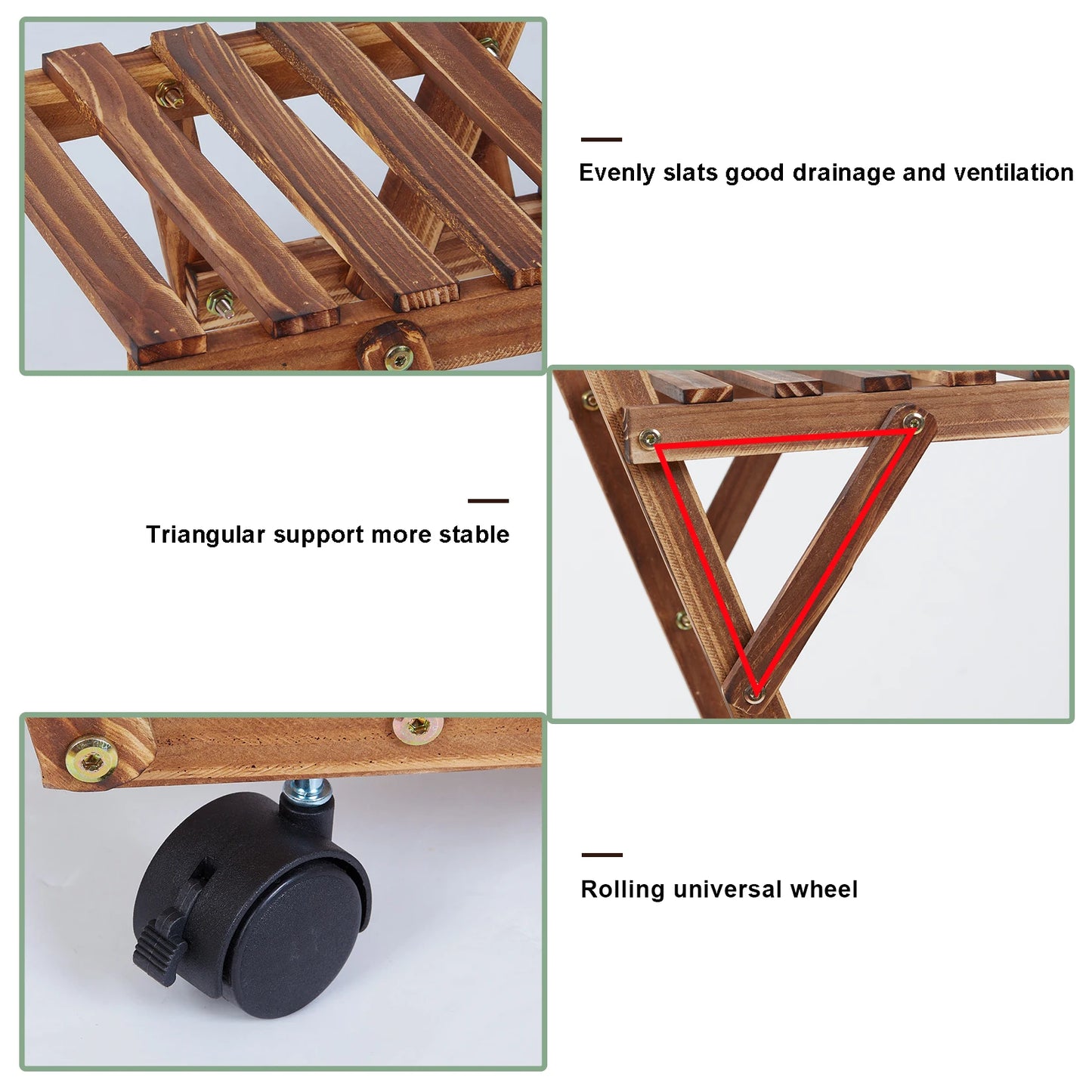 Movable Wood Flower Pot Stand Triangular Plant Display Rack with Wheels