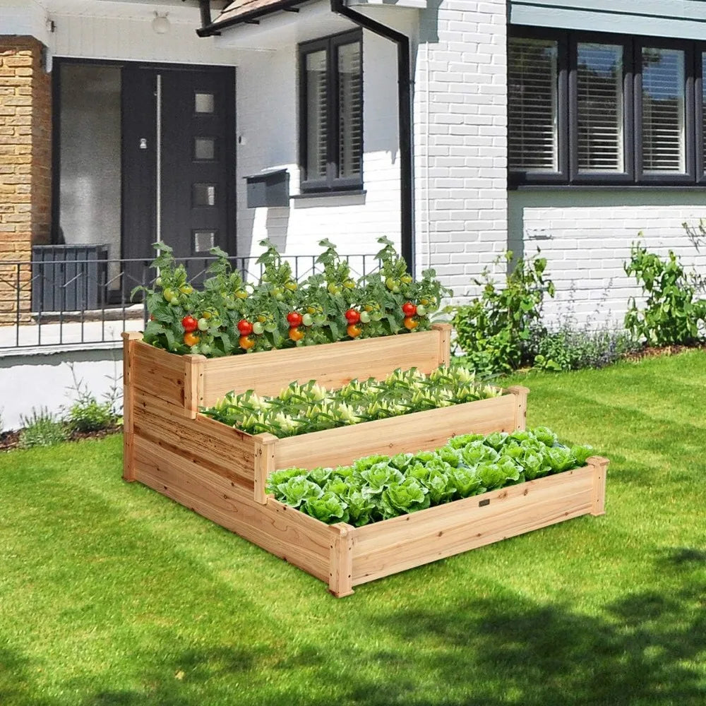 Giantex 3 Tier Raised Garden Bed, Outdoor Planter Box Vegetable Flowers Growing Box, Elevated Raised Bed Kit, Wood Planting Cont
