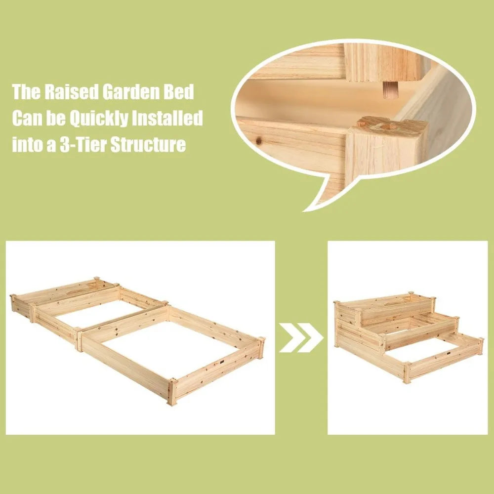 Giantex 3 Tier Raised Garden Bed, Outdoor Planter Box Vegetable Flowers Growing Box, Elevated Raised Bed Kit, Wood Planting Cont