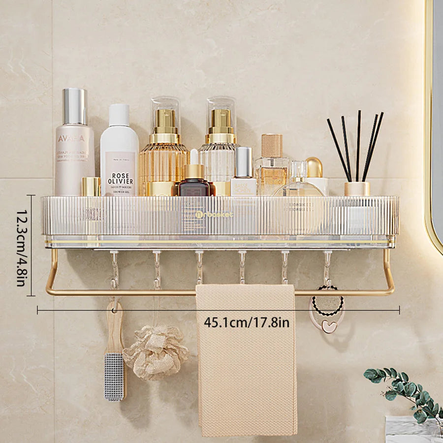 Wall Mounted Bathroom Wall Shelf with Towel Bar and 6 Hooks - Great for Bedroom Decor, Kitchen Storage , Bathroom Storage