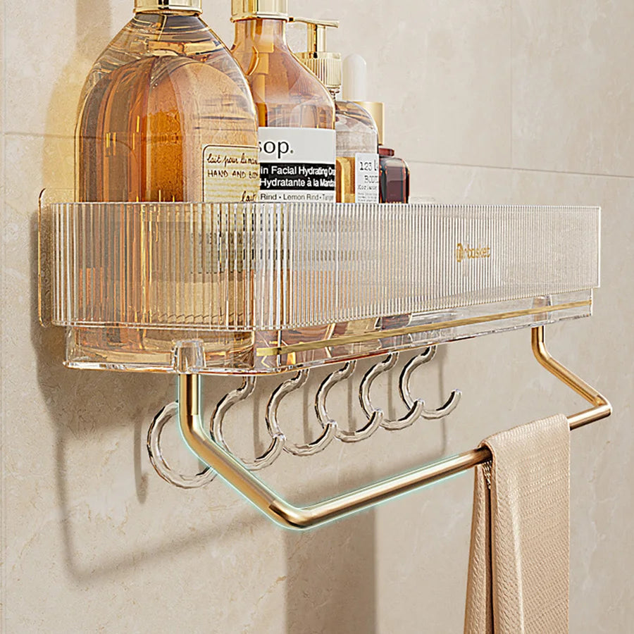 Wall Mounted Bathroom Wall Shelf with Towel Bar and 6 Hooks - Great for Bedroom Decor, Kitchen Storage , Bathroom Storage