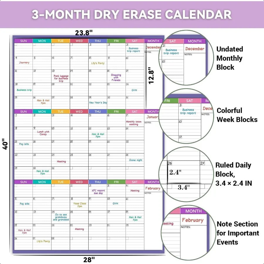 Large Dry Erase Calendar For Wall Undated 3 Month Calendar 28'' x 40'' Erasable and Reusable Laminated White Board With 8 Round